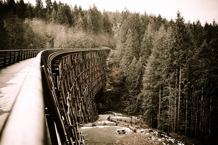 A split-toned architectural shot of a wooden trestle bridge in fog
