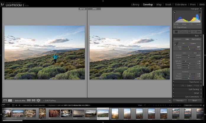 Lightroom 5's Advanced Healing Brush removing a figure from a landscape, before and after
