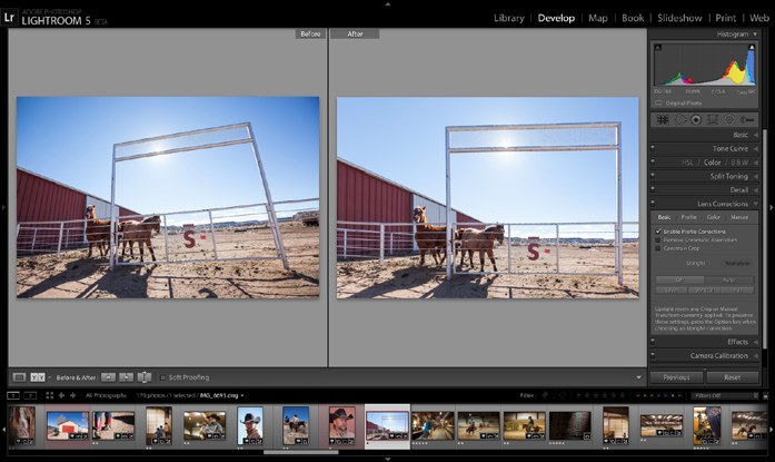 Lightroom 5's Upright feature correcting perspective on a barn scene, before and after