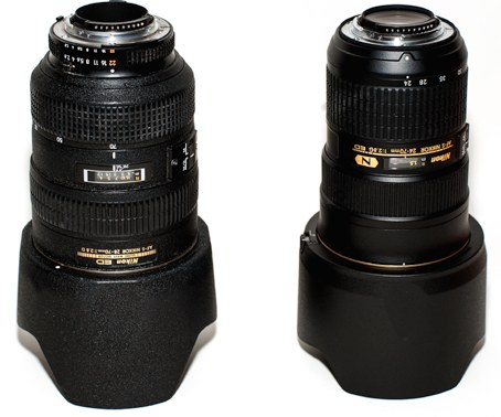 The Nikkor 28-70mm and 24-70mm f/2.8 lenses side by side