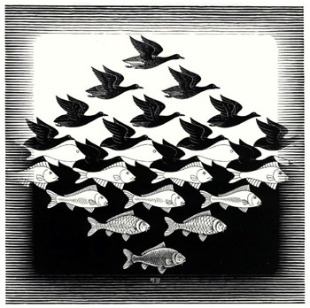 M.C. Escher's Sky and Water, where birds transition into fish through negative space