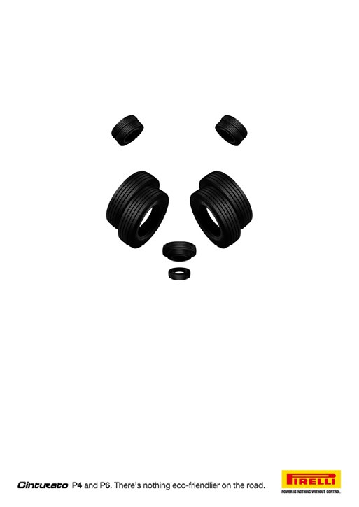 A Pirelli tire advertisement where the negative space between tires forms a panda's face
