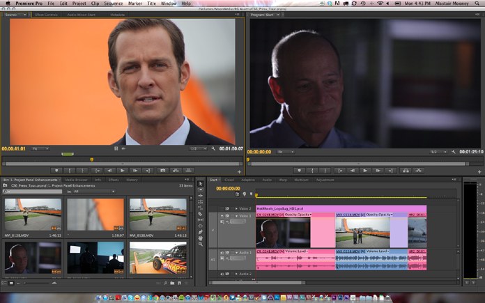 The Adobe Premiere Pro CS6 editing interface with its two-up workspace and timeline