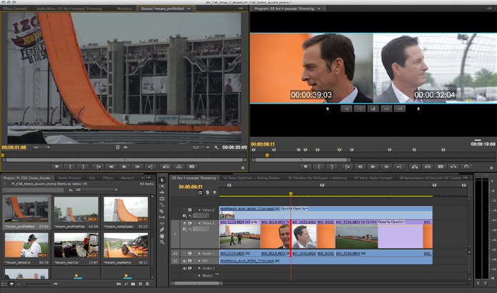 Premiere Pro CS6's Trim Mode showing the two-up outgoing and incoming clips