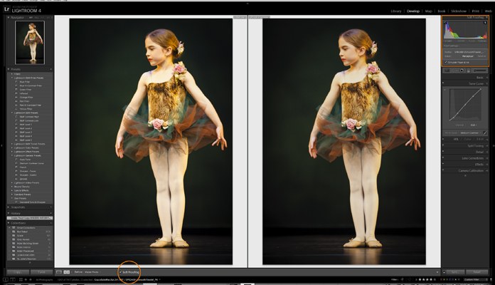 A Lightroom soft-proof view showing a before and after of a young ballerina