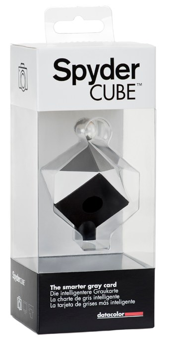 A Datacolor Spyder Cube grey-card calibration tool in its packaging