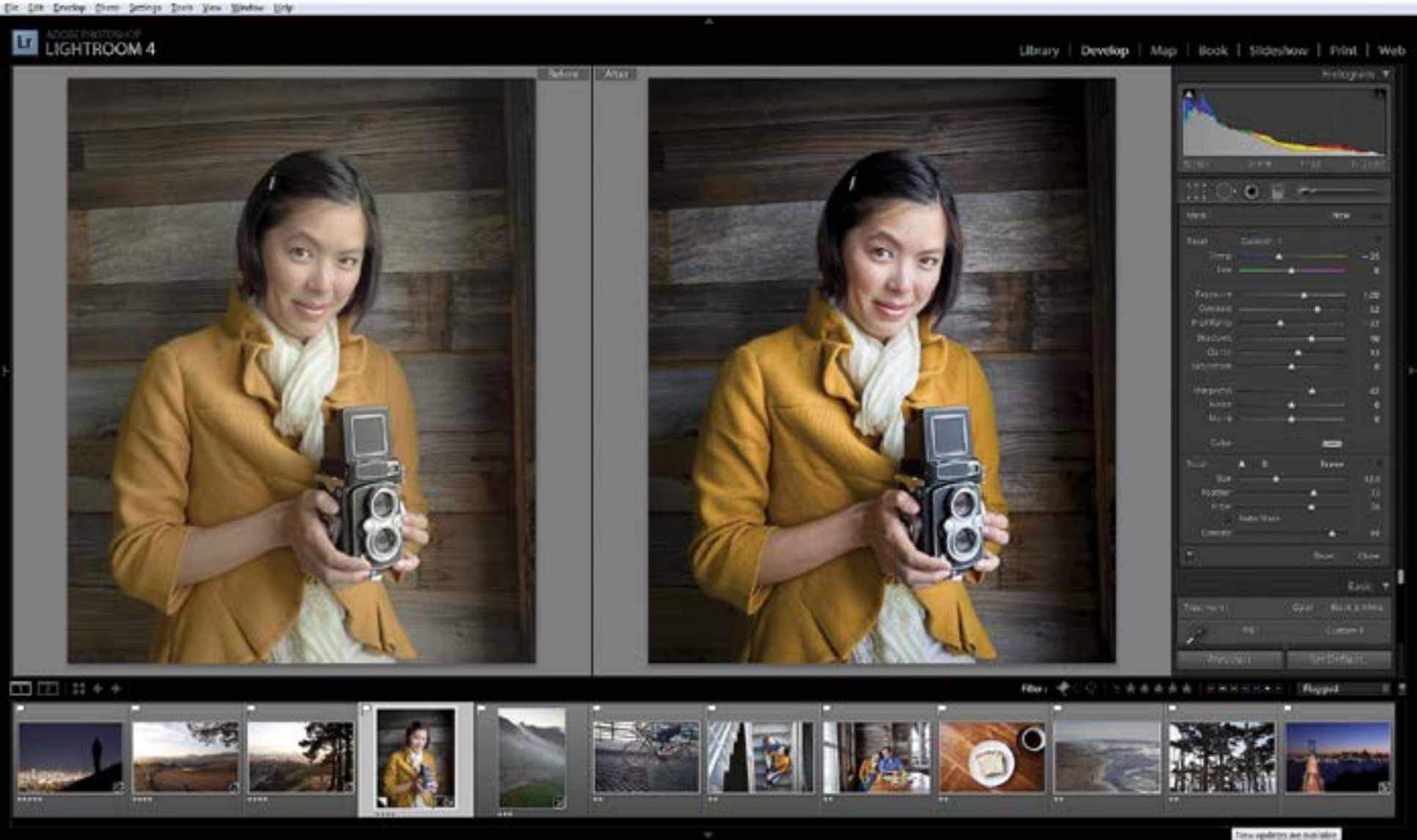 Adobe Photoshop Lightroom 4 Develop module showing a before and after edit