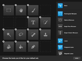 The Adobe Nav app letting you choose tools for a default set
