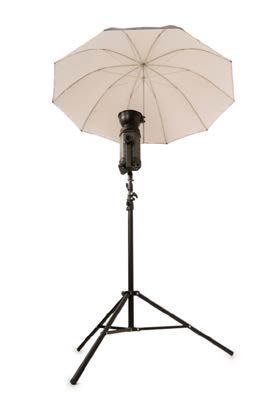 A shoot-through umbrella light modifier on a stand