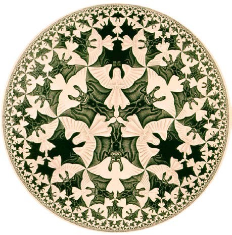 M.C. Escher woodcut of interlocking angels and demons