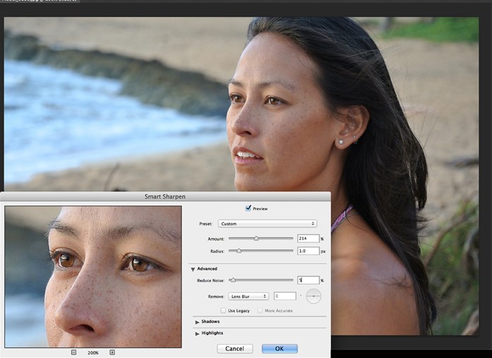 Photoshop CC's improved Smart Sharpen dialog applied to a portrait