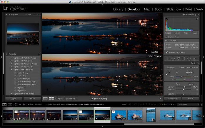 Lightroom 5 soft-proofing showing a before and after split view