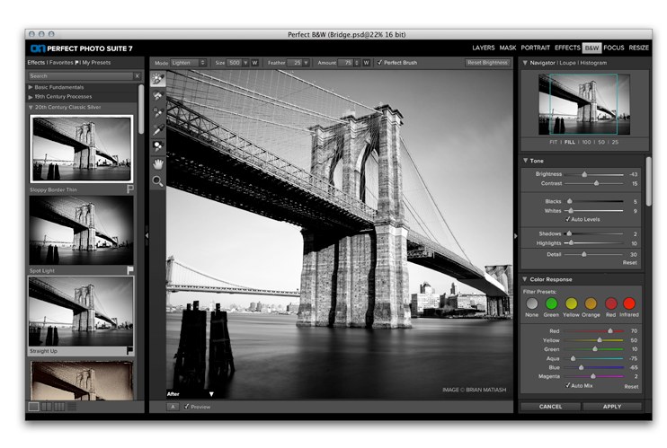 The onOne Perfect B&W interface editing a black and white photo of the Brooklyn Bridge