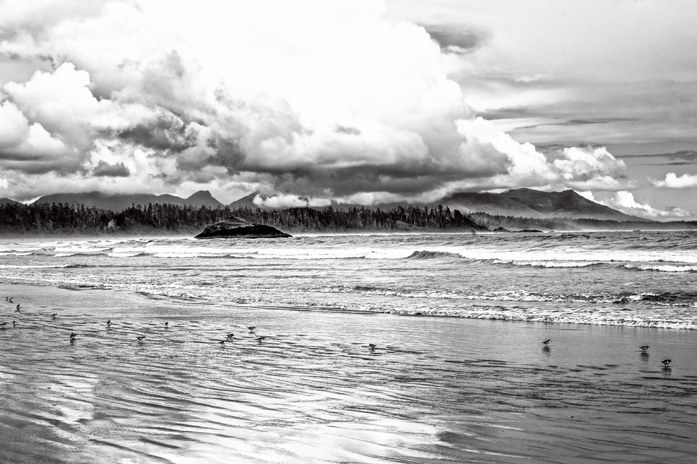A moody black and white seascape with a dramatic cloudy sky