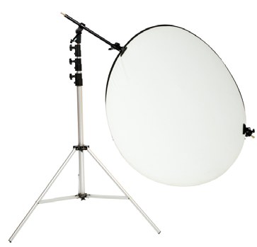 A collapsible round reflector disc mounted on a light stand