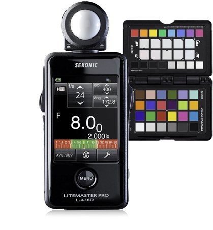 The Sekonic Litemaster Pro L-478D light meter beside a colour-checker target
