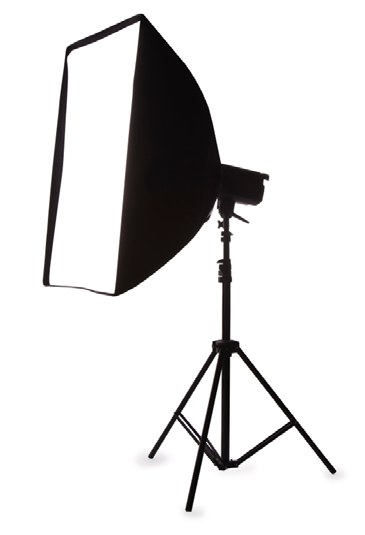 A rectangular soft box mounted on a studio strobe and light stand