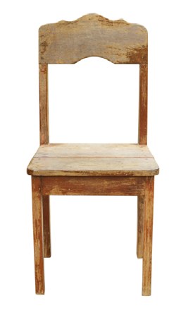 A weathered, distressed wooden chair used as a studio prop