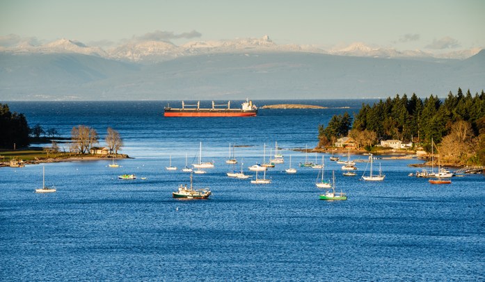 A coastal harbour scene with deeply saturated blue water from a polarizing filter